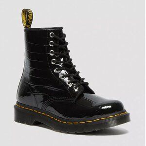 Dr. Martens 1460 Patent Leather Crocodile Print Boots with Glossy Finish